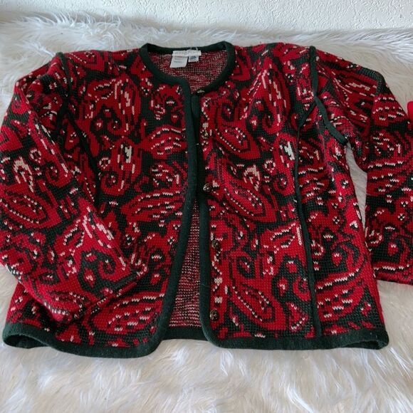 Vintage Sung Sport Wool Red Olive Green Button Up Cardigan Sweater L/G - Picture 1 of 6